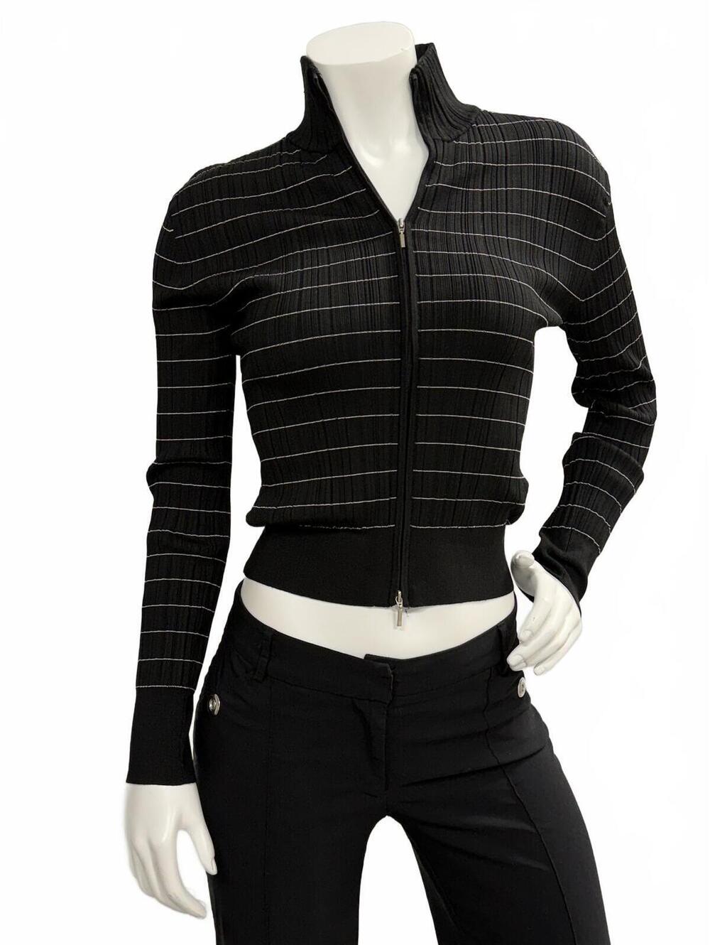 Essendi Black Ribbed Zip Up Jacket Size M Striped Stretch Mock Neck Y2K